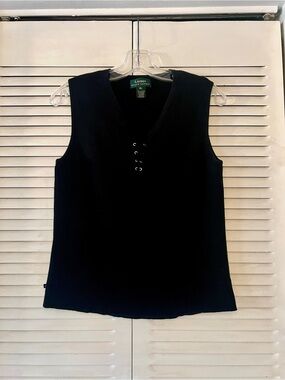 Ralph Lauren Black Ribbed V-Neck Lace-Up Tank